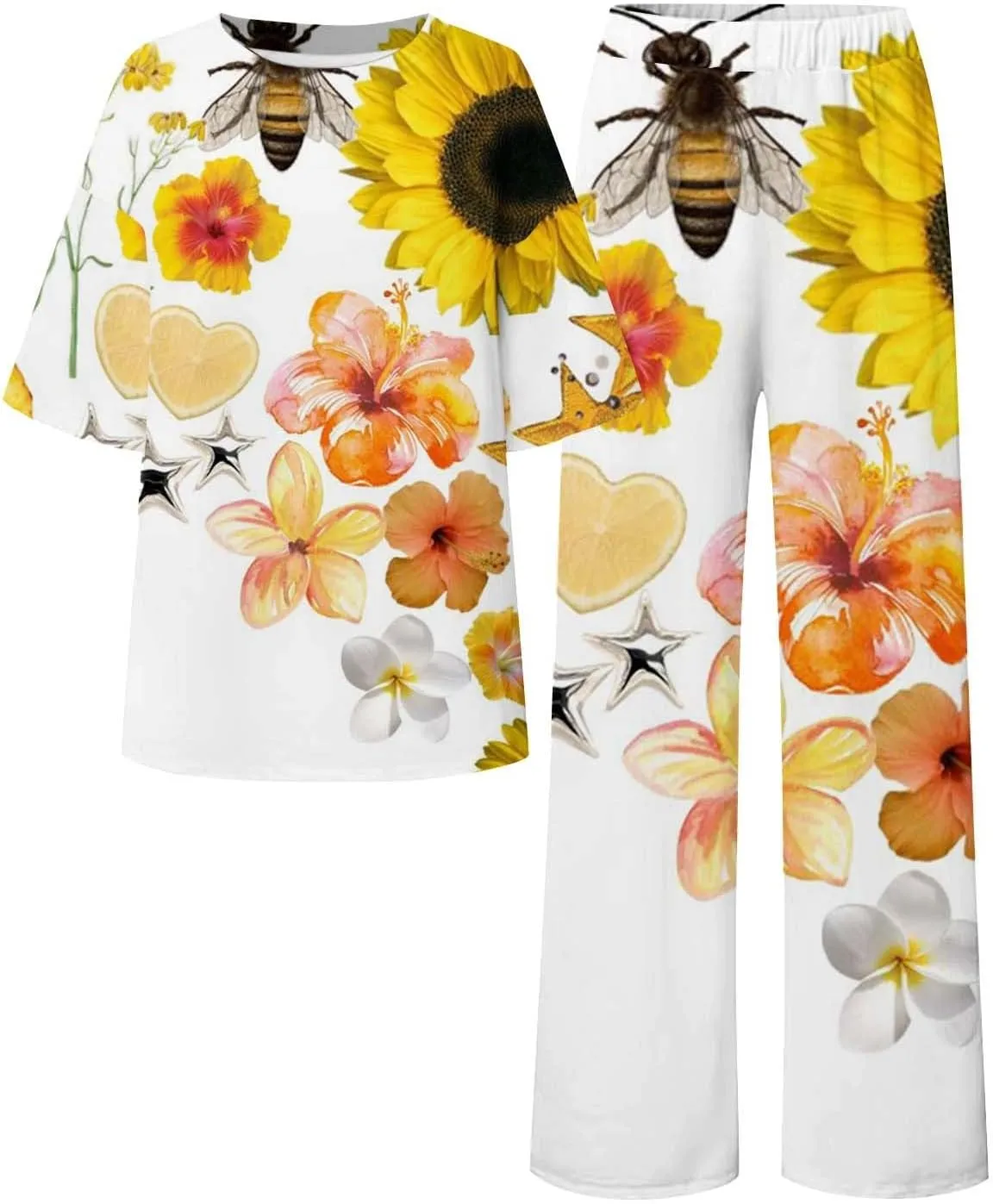 Women's Floral Printed Pajama Sets Plus Size Short Sleeve Tops and Wide Leg Long Boho Pants Cotton Casual Sleepware
