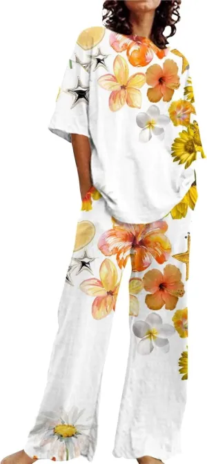 Women's Floral Printed Pajama Sets Plus Size Short Sleeve Tops and Wide Leg Long Boho Pants Cotton Casual Sleepware