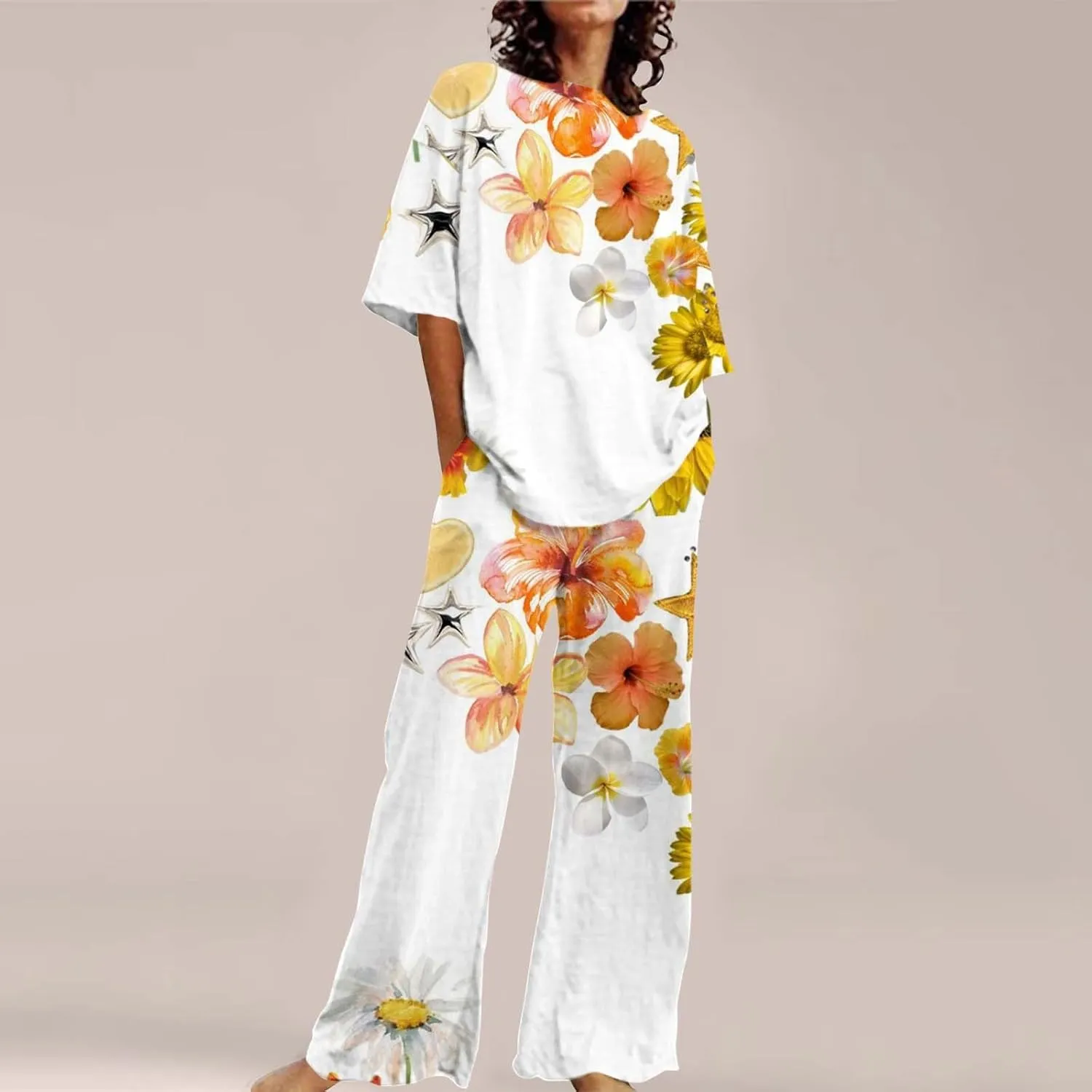 Women's Floral Printed Pajama Sets Plus Size Short Sleeve Tops and Wide Leg Long Boho Pants Cotton Casual Sleepware