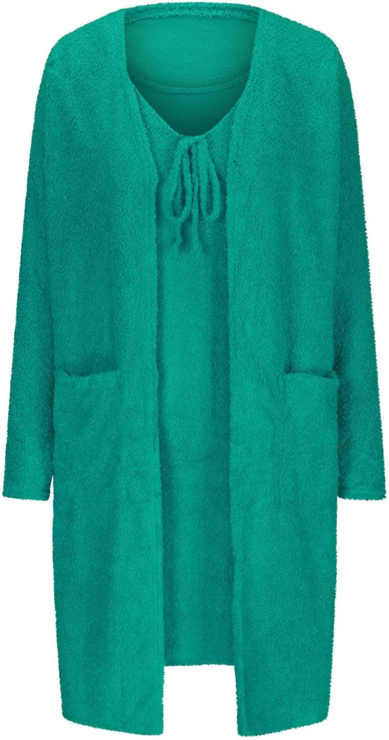 Womens Fuzzy 2 Piece Fleece Open Front Cardigan and Dress Pajamas Loungewear Sets