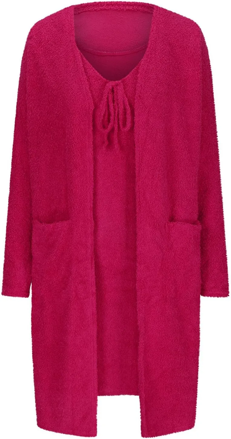 Womens Fuzzy 2 Piece Fleece Open Front Cardigan and Dress Pajamas Loungewear Sets