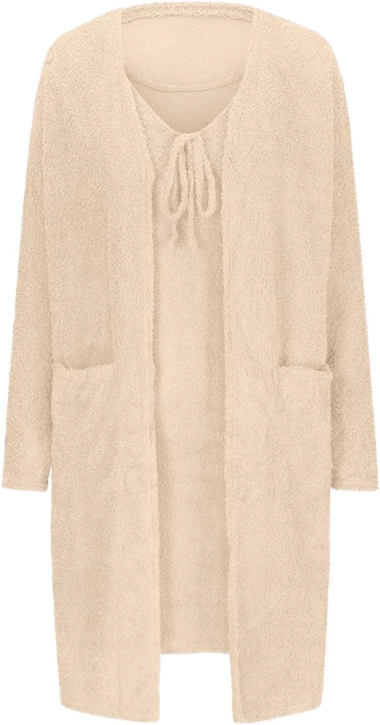 Womens Fuzzy 2 Piece Fleece Open Front Cardigan and Dress Pajamas Loungewear Sets
