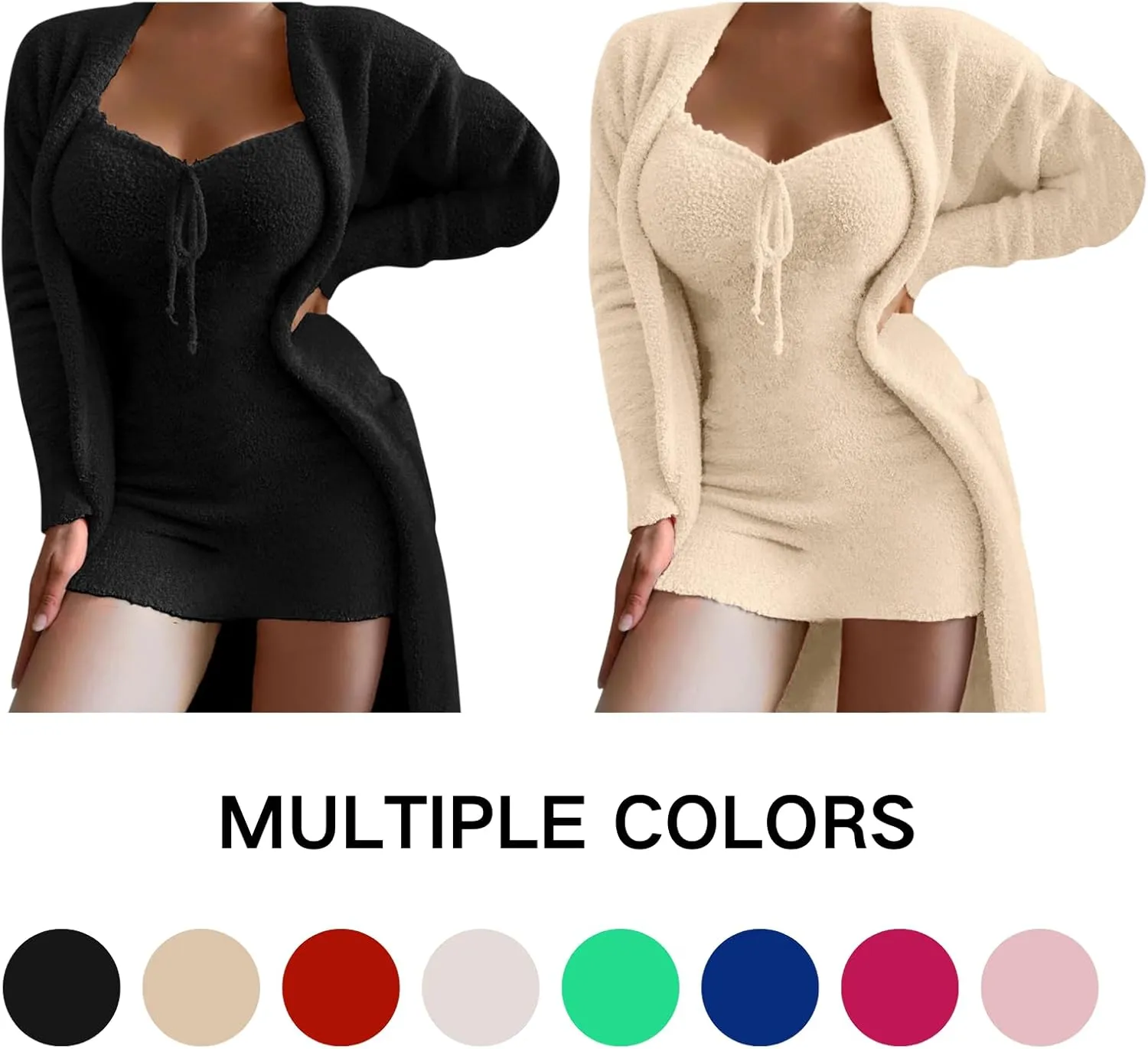Womens Fuzzy 2 Piece Fleece Open Front Cardigan and Dress Pajamas Loungewear Sets