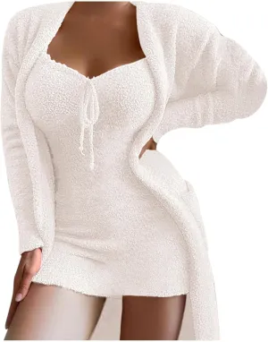 Womens Fuzzy 2 Piece Fleece Open Front Cardigan and Dress Pajamas Loungewear Sets