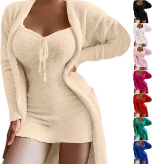 Womens Fuzzy 2 Piece Fleece Open Front Cardigan and Dress Pajamas Loungewear Sets