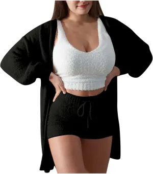 Women's Fuzzy 3 Piece Outfits Fleece Warm Hooded Robe Cardigan Crop Top Shorts Set Pajamas Cozy Loungewear Sets