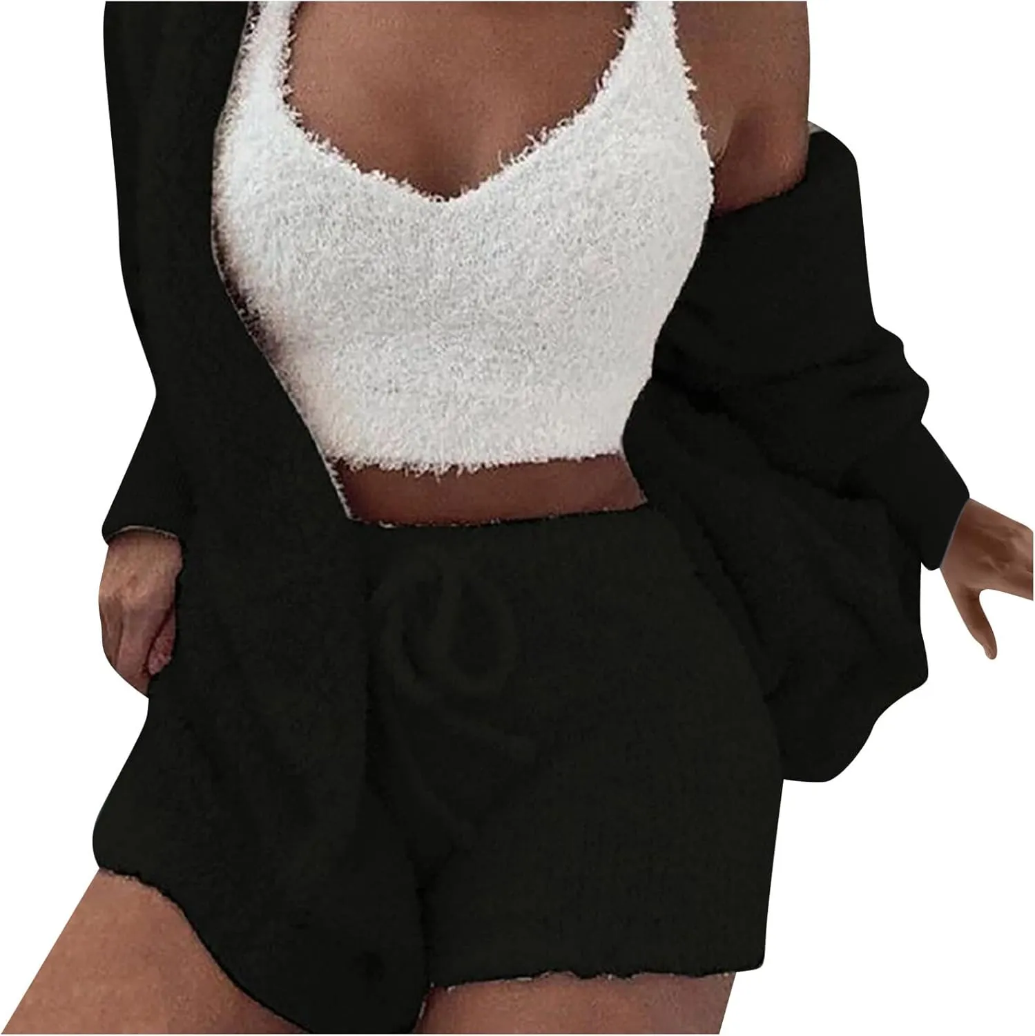Women's Fuzzy 3 Piece Outfits Fleece Warm Hooded Robe Cardigan Crop Top Shorts Set Pajamas Cozy Loungewear Sets