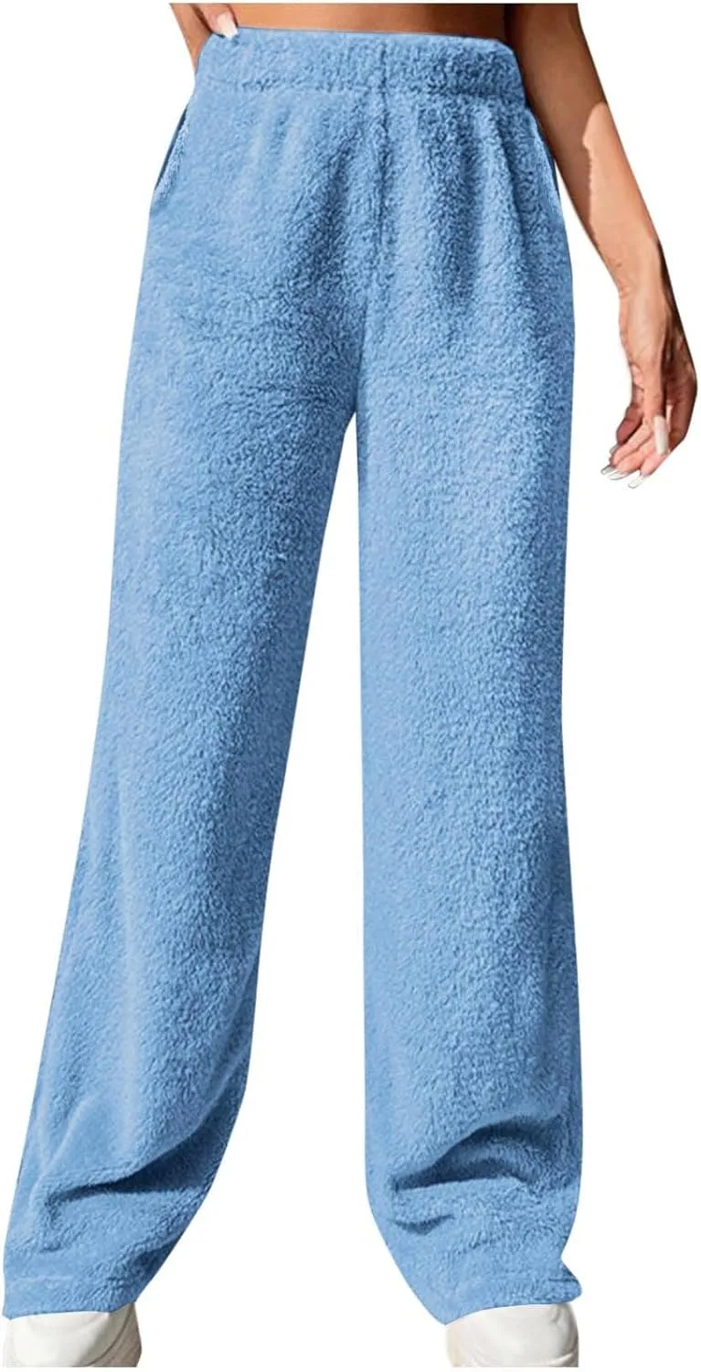 Womens Fuzzy Fleece Casual Pants Winter Warm Sleep Lounge Trousers Joggers Soft Plush Pajama Bottoms with Pockets