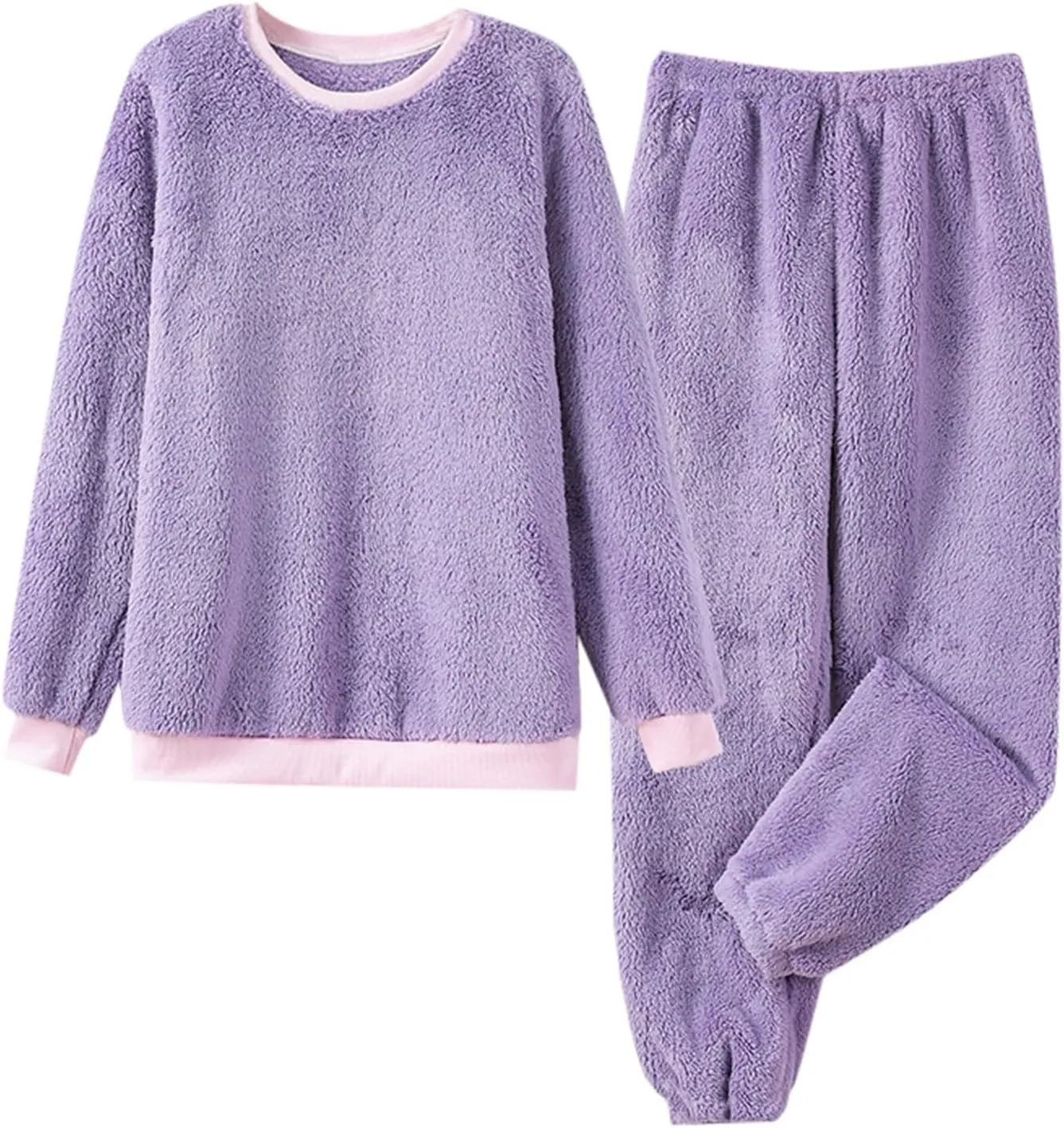 Women's Fuzzy Fleece Pajama Set,Long Sleeve Top Long Pants Loungewear Cozy Sleepwear Warm Nightgown 2024 Fall Trendy