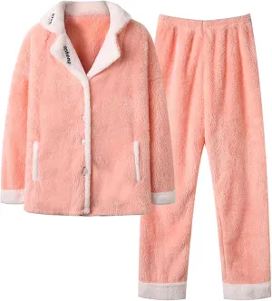 Women's Fuzzy Fleece Pajama Sets 2 Piece Outfits Long Sleeve Top Wide Leg Pants Casual Lounge Matching Set 2024 Fall