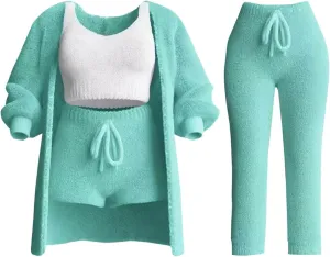 Women's Fuzzy Outfits 4 Piece Sherpa Cardigan Crop Tank Tops Shorts and Wide Legs Pants Lounge Sets