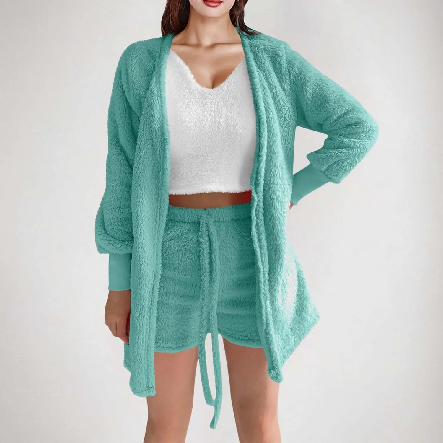 Women's Fuzzy Outfits 4 Piece Sherpa Cardigan Crop Tank Tops Shorts and Wide Legs Pants Lounge Sets