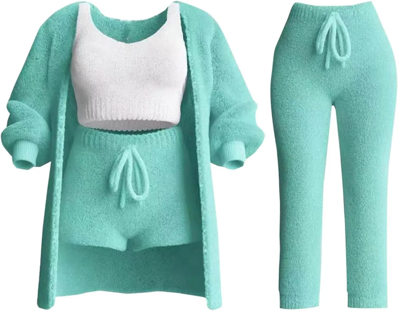Women's Fuzzy Outfits 4 Piece Sherpa Cardigan Crop Tank Tops Shorts and Wide Legs Pants Lounge Sets