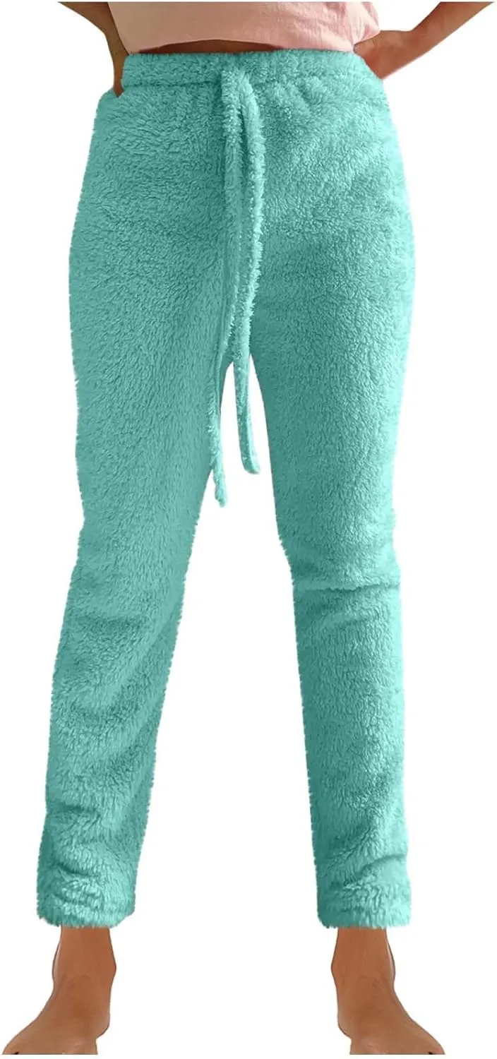Women's Fuzzy Outfits 4 Piece Sherpa Cardigan Crop Tank Tops Shorts and Wide Legs Pants Lounge Sets