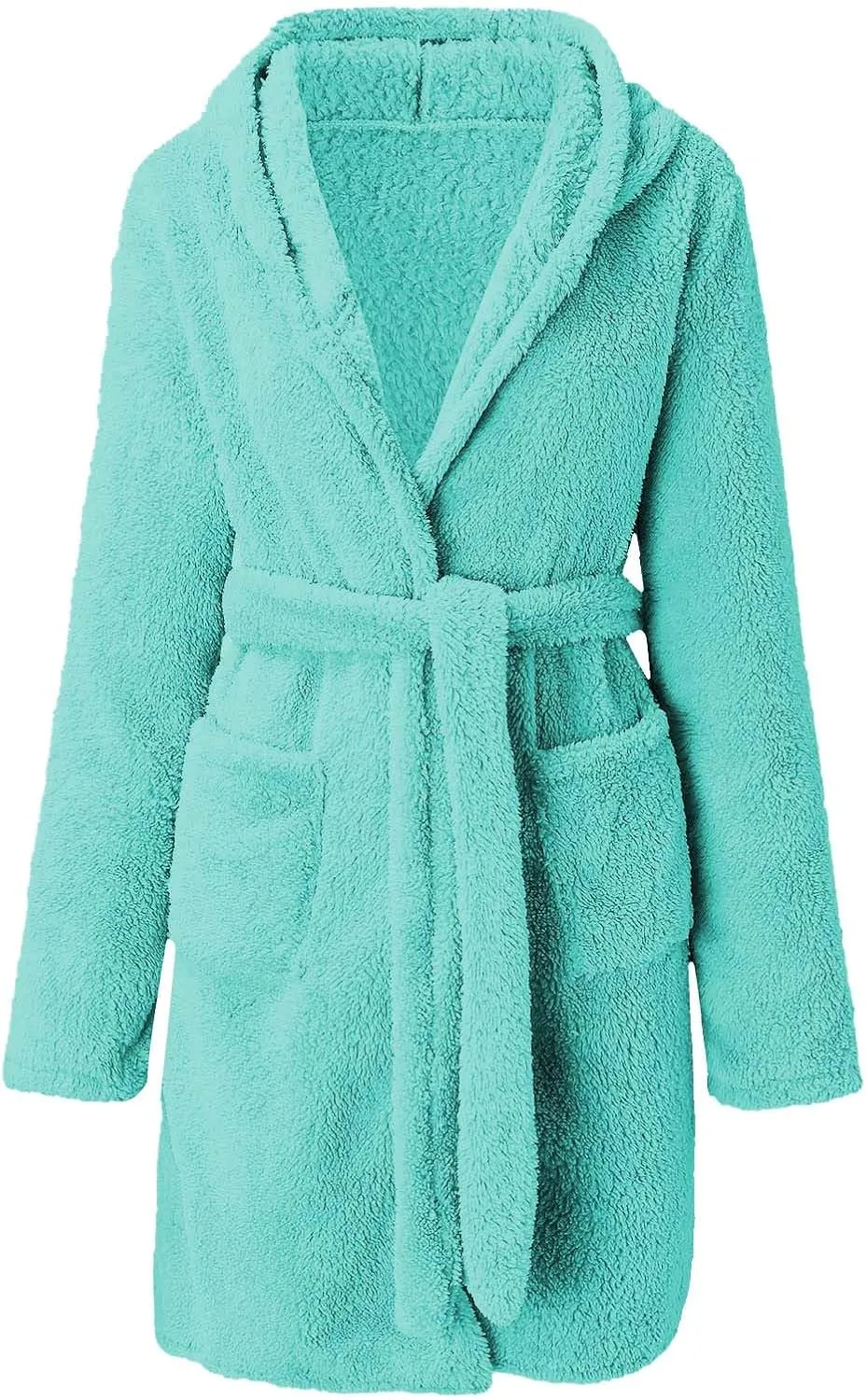 Womens Fuzzy Robe Mid Length Bathrobe Belted Soft Bath Robes Plush Kimono Robe with Pockets Fall Winter Spa Robes