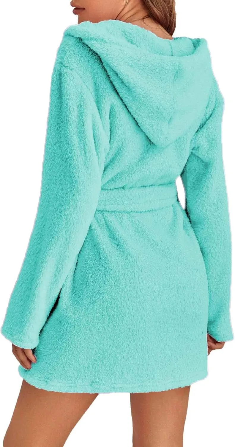 Womens Fuzzy Robe Mid Length Bathrobe Belted Soft Bath Robes Plush Kimono Robe with Pockets Fall Winter Spa Robes