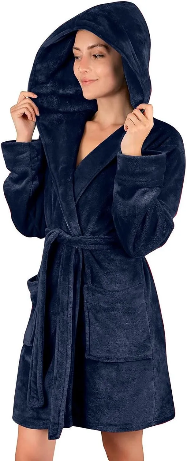 Womens Fuzzy Robe Mid Length Bathrobe Belted Soft Bath Robes Plush Kimono Robe with Pockets Fall Winter Spa Robes