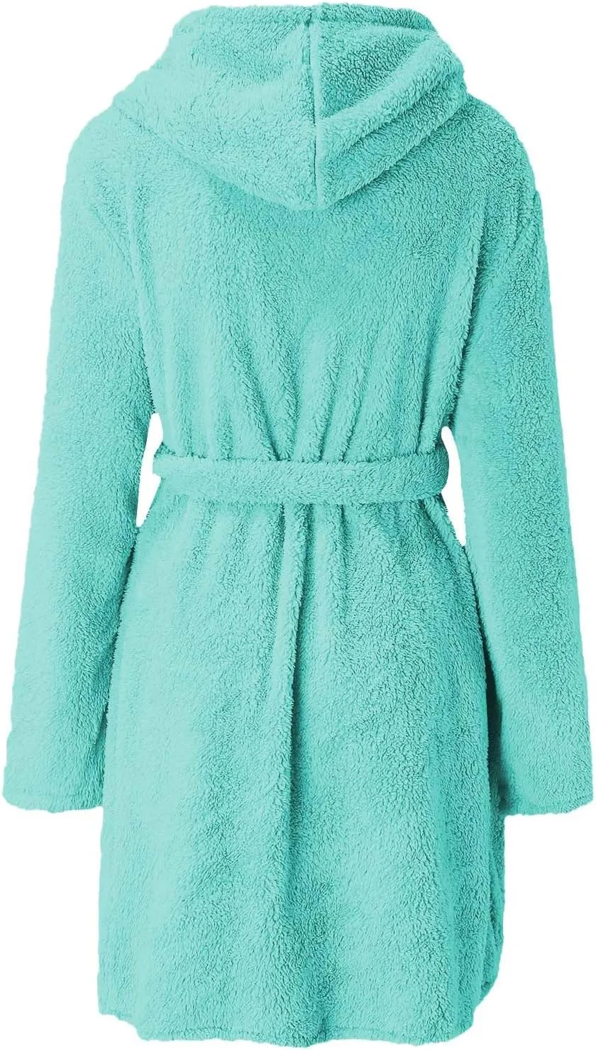 Womens Fuzzy Robe Mid Length Bathrobe Belted Soft Bath Robes Plush Kimono Robe with Pockets Fall Winter Spa Robes