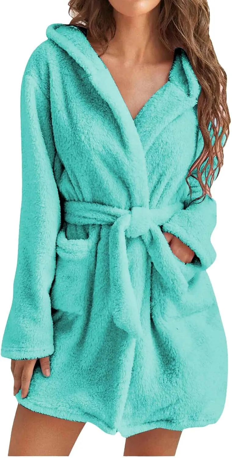 Womens Fuzzy Robe Mid Length Bathrobe Belted Soft Bath Robes Plush Kimono Robe with Pockets Fall Winter Spa Robes