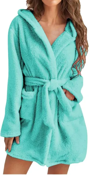 Womens Fuzzy Robe Mid Length Bathrobe Belted Soft Bath Robes Plush Kimono Robe with Pockets Fall Winter Spa Robes