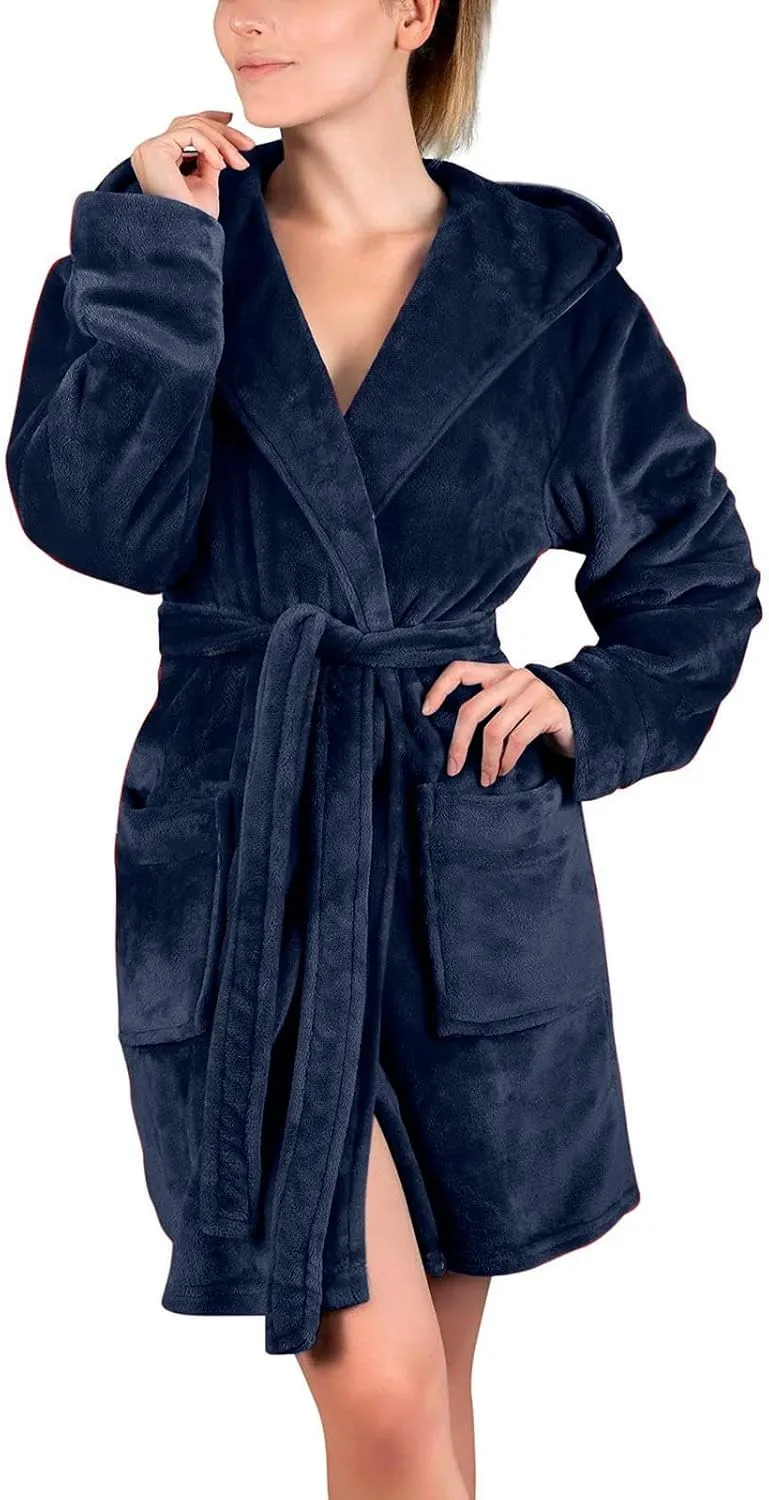 Womens Fuzzy Robe Mid Length Bathrobe Belted Soft Bath Robes Plush Kimono Robe with Pockets Fall Winter Spa Robes