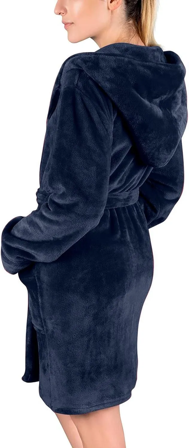 Womens Fuzzy Robe Mid Length Bathrobe Belted Soft Bath Robes Plush Kimono Robe with Pockets Fall Winter Spa Robes