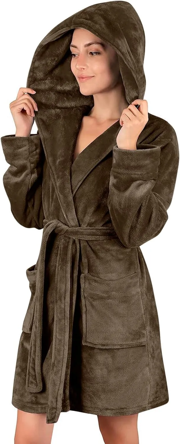 Womens Fuzzy Robe Mid Length Bathrobe Belted Soft Bath Robes Plush Kimono Robe with Pockets Fall Winter Spa Robes