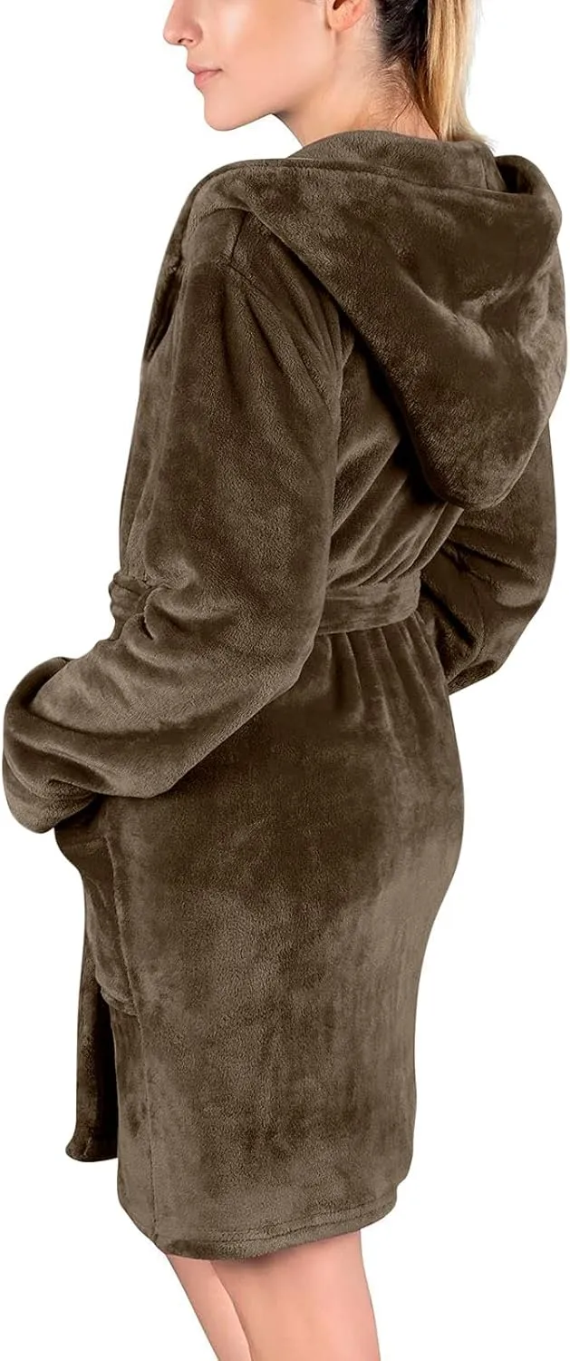 Womens Fuzzy Robe Mid Length Bathrobe Belted Soft Bath Robes Plush Kimono Robe with Pockets Fall Winter Spa Robes