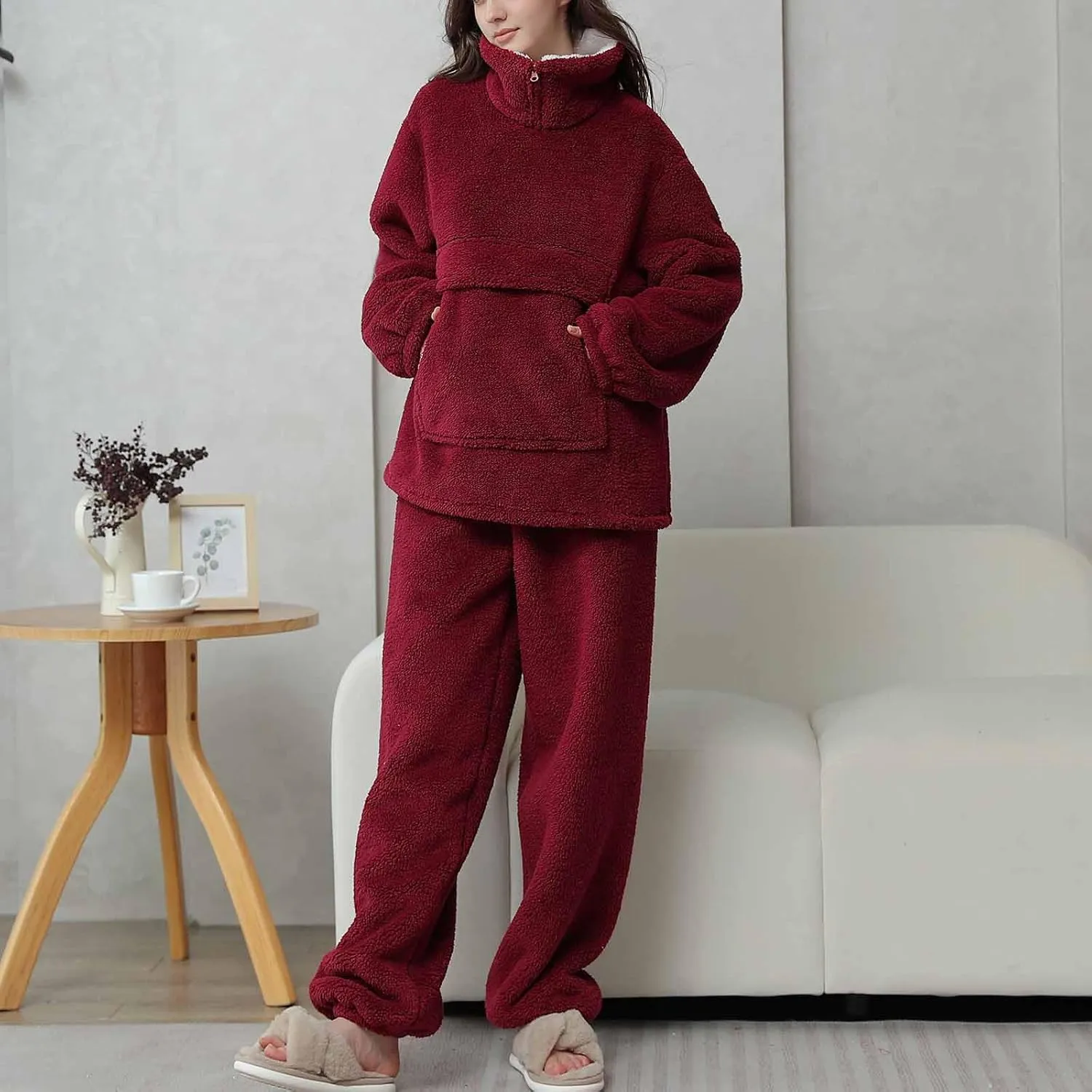 Women's Fuzzy Warm Fleece Pajamas Sets Winter Warm Sleepwear Fluffy Pajama Pullover Top Two Piece Lounge Pants Set