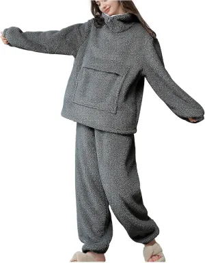 Women's Fuzzy Warm Fleece Pajamas Sets Winter Warm Sleepwear Fluffy Pajama Pullover Top Two Piece Lounge Pants Set