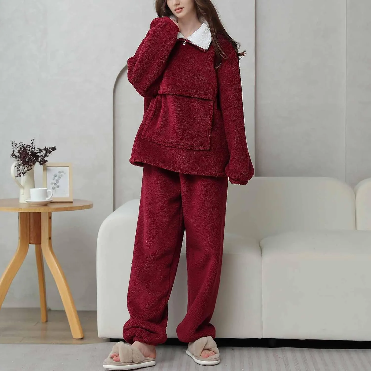 Women's Fuzzy Warm Fleece Pajamas Sets Winter Warm Sleepwear Fluffy Pajama Pullover Top Two Piece Lounge Pants Set