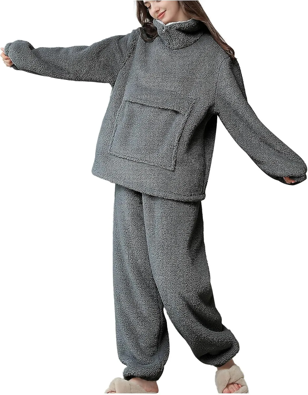 Women's Fuzzy Warm Fleece Pajamas Sets Winter Warm Sleepwear Fluffy Pajama Pullover Top Two Piece Lounge Pants Set