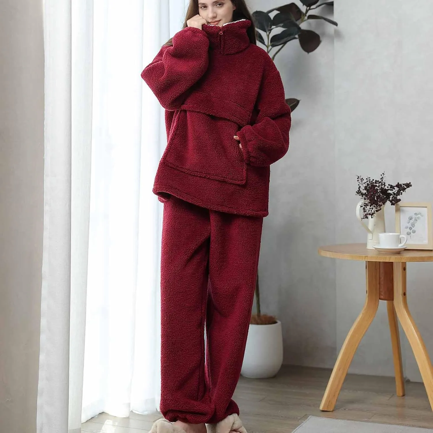 Women's Fuzzy Warm Fleece Pajamas Sets Winter Warm Sleepwear Fluffy Pajama Pullover Top Two Piece Lounge Pants Set