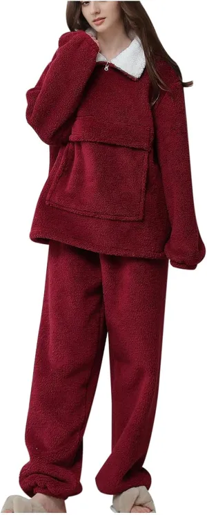 Women's Fuzzy Warm Fleece Pajamas Sets Winter Warm Sleepwear Fluffy Pajama Pullover Top Two Piece Lounge Pants Set