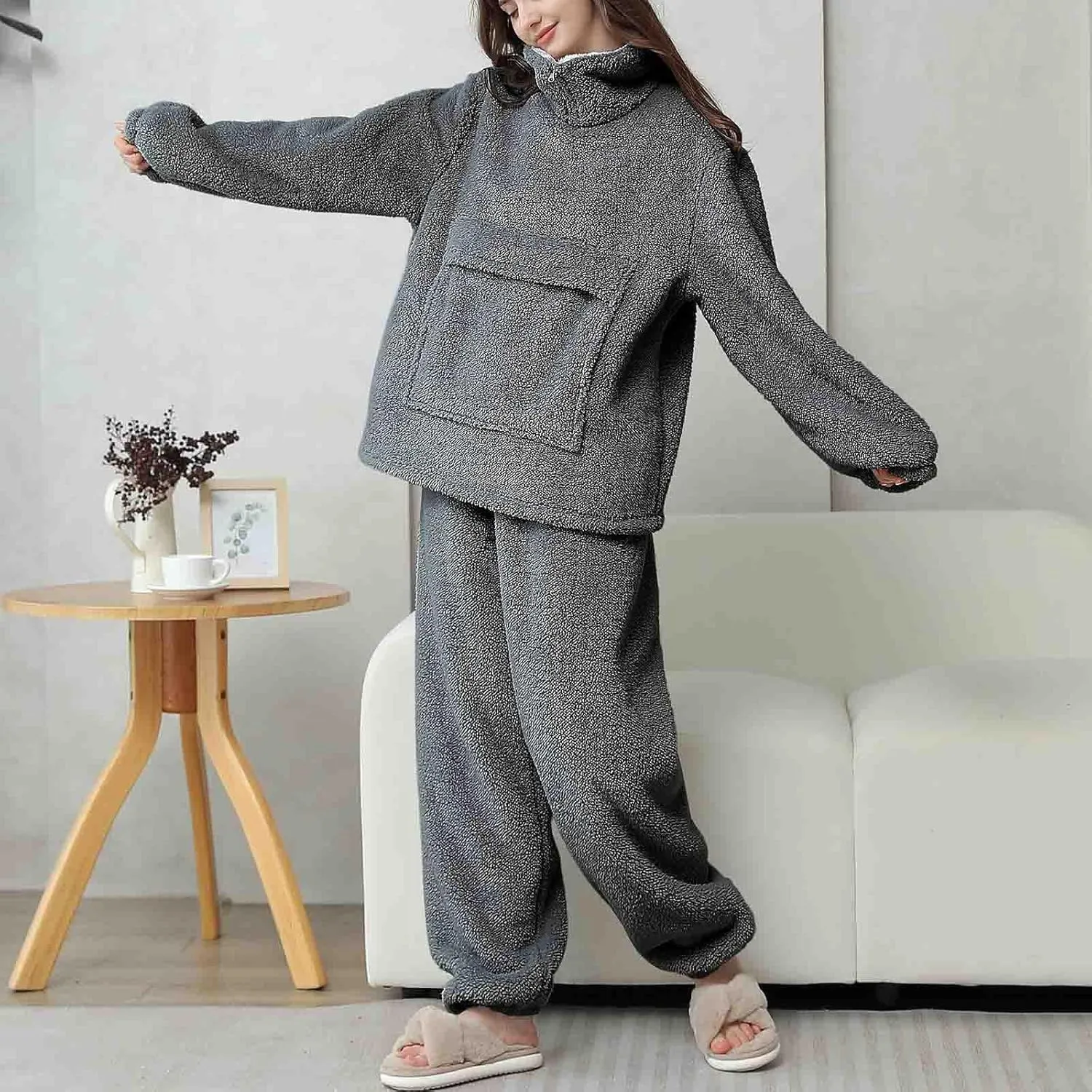 Women's Fuzzy Warm Fleece Pajamas Sets Winter Warm Sleepwear Fluffy Pajama Pullover Top Two Piece Lounge Pants Set