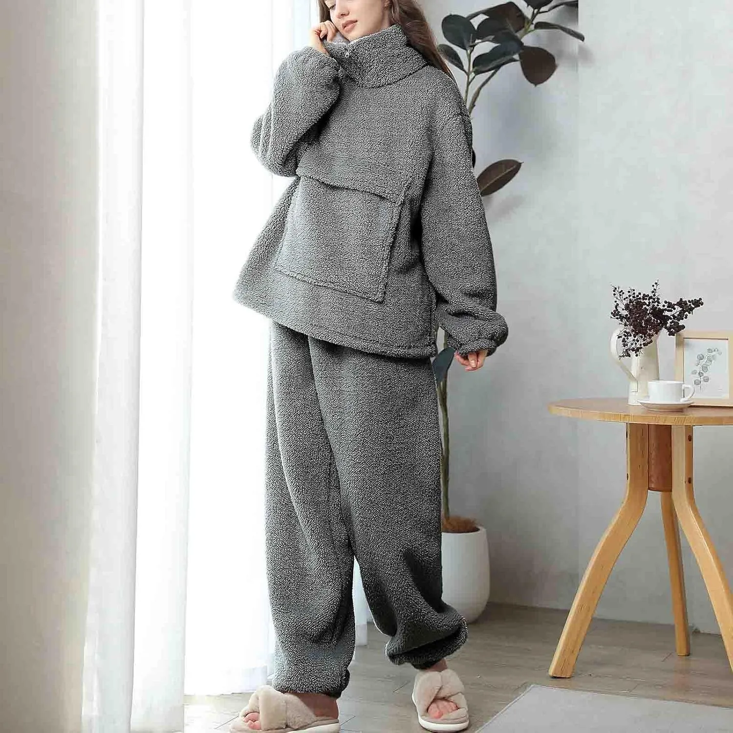 Women's Fuzzy Warm Fleece Pajamas Sets Winter Warm Sleepwear Fluffy Pajama Pullover Top Two Piece Lounge Pants Set