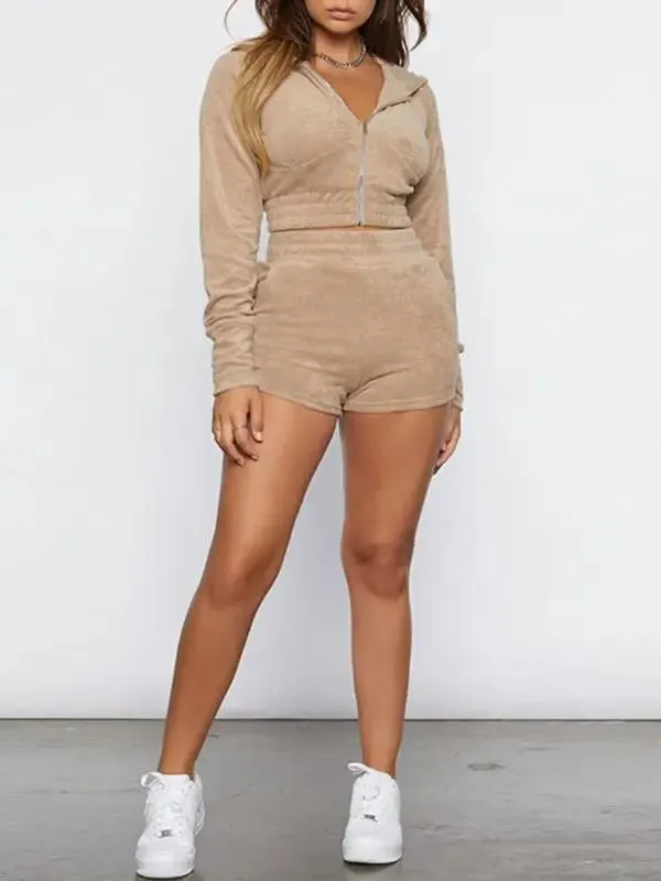 Women's gold velvet hooded long-sleeved zipper jacket   shorts two-piece suit