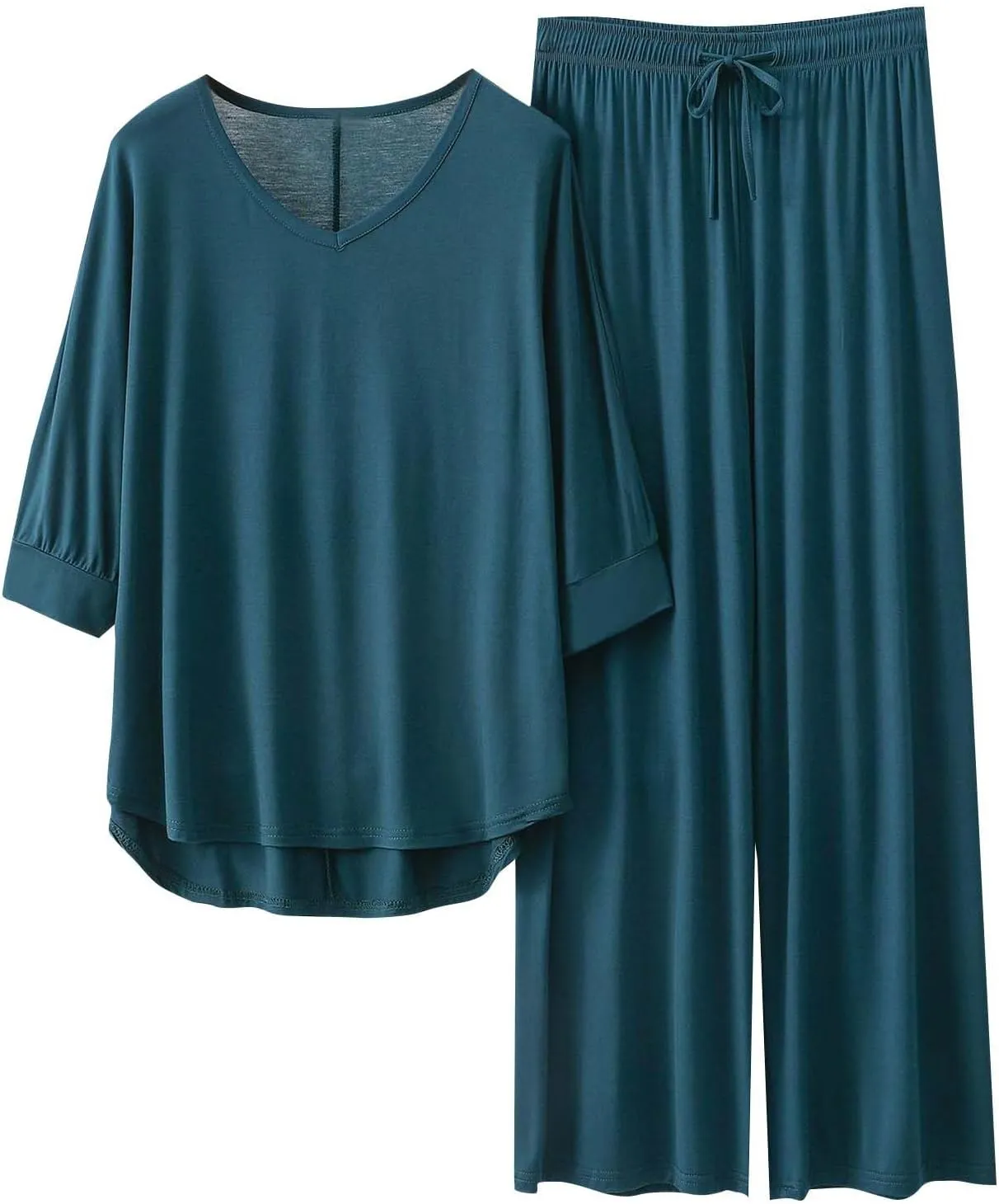 Women's Hi-Lo Hem Modal Lounge Sets 2 Piece Pajama Outfits Soft Short Sleeve V Neck Tops & Wide Leg Pants Sleepwear