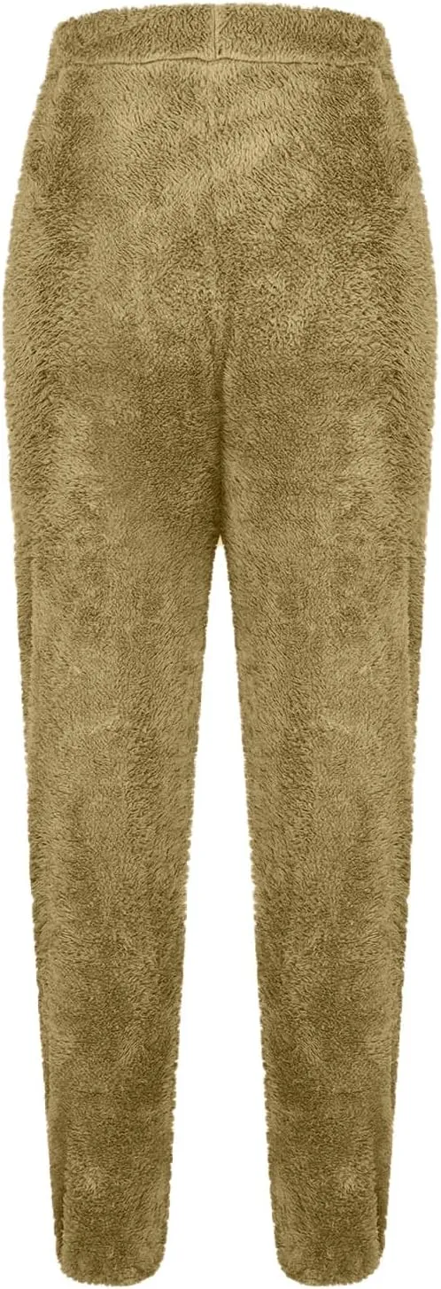 Women's High Waist Fuzzy Pajama Pants Fleece Lounge Trousers Cozy Sofy Pjs Bottoms Plus Size Winter Warm Sleepwear