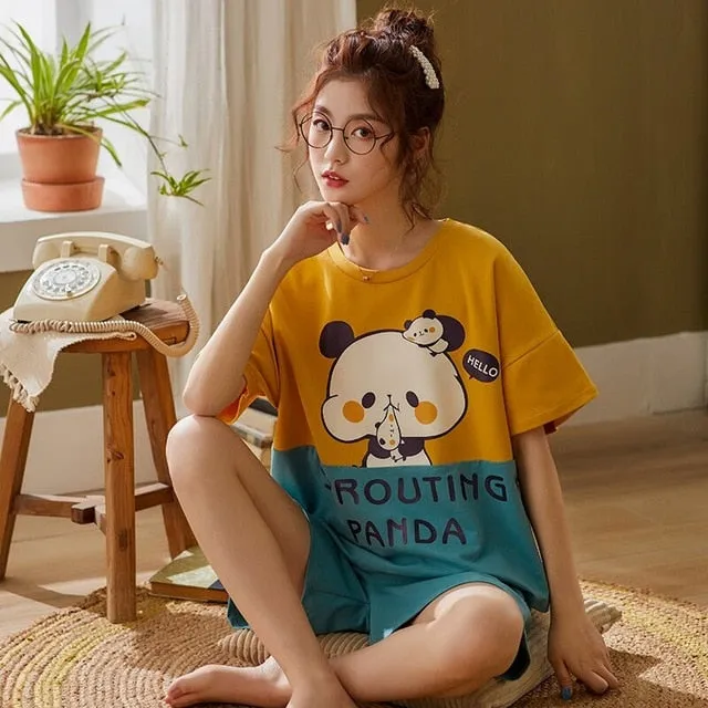 Womens Homewear Cute Cartoon Printed Pajamas Set Casual Short Sleeve T-Shirt Sleepwear Nightwear Set Summer Pyjama For Women Set