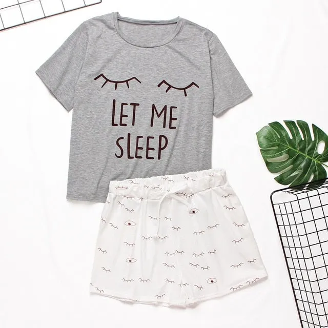 Womens Homewear Cute Cartoon Printed Pajamas Set Casual Short Sleeve T-Shirt Sleepwear Nightwear Set Summer Pyjama For Women Set
