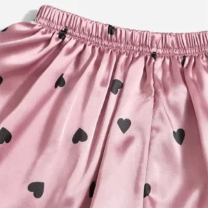 Womens Ice Silk Satin Pajama Set,4pc Sleepwear Sets Print Button Down Skirt Nightwear Shorts Set Sexy Loungewear
