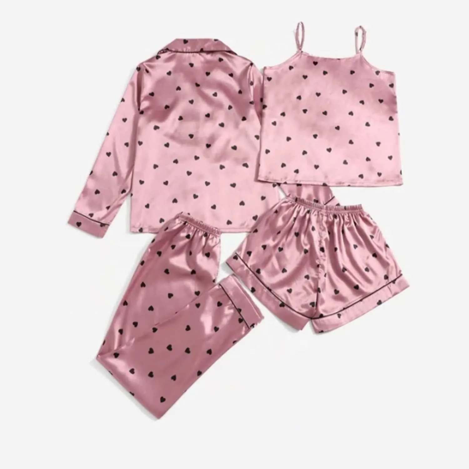 Womens Ice Silk Satin Pajama Set,4pc Sleepwear Sets Print Button Down Skirt Nightwear Shorts Set Sexy Loungewear