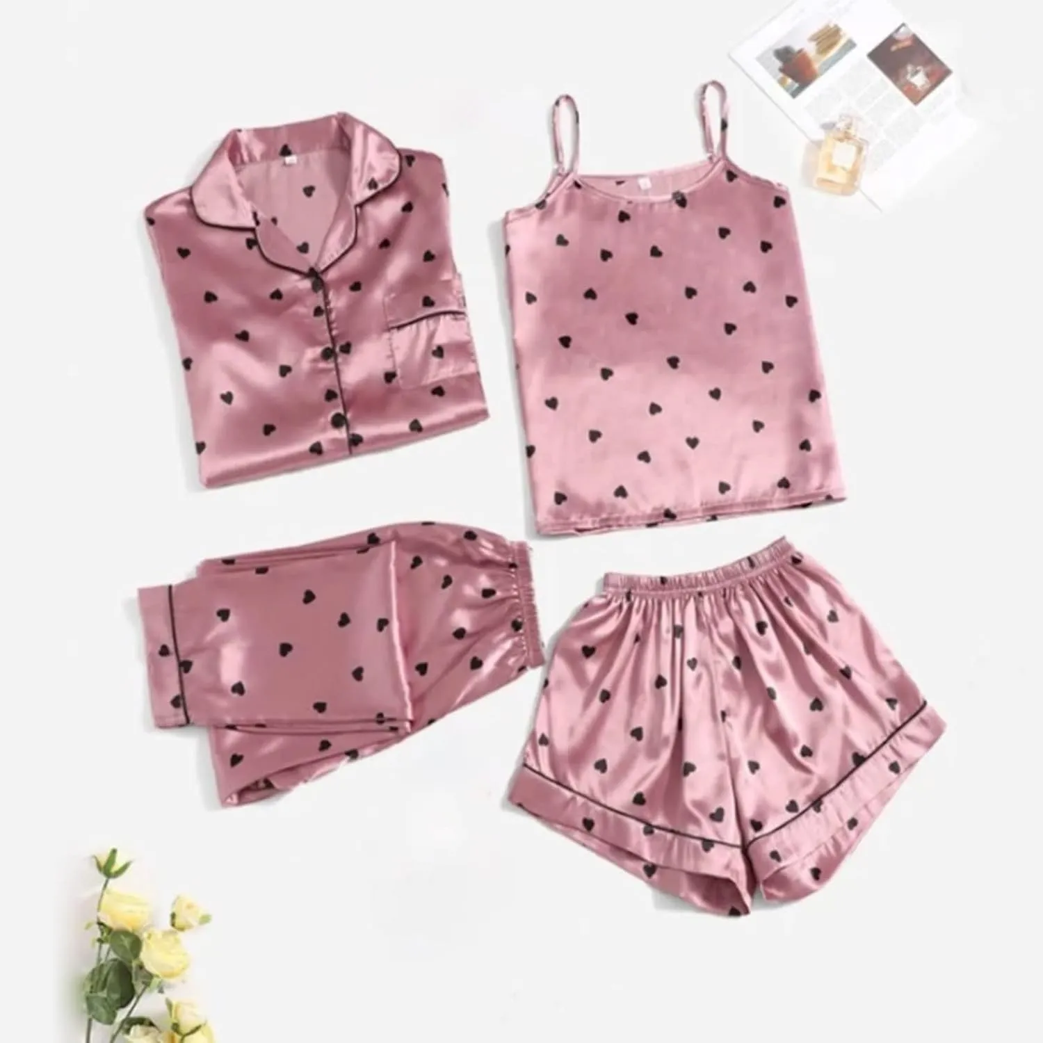 Womens Ice Silk Satin Pajama Set,4pc Sleepwear Sets Print Button Down Skirt Nightwear Shorts Set Sexy Loungewear