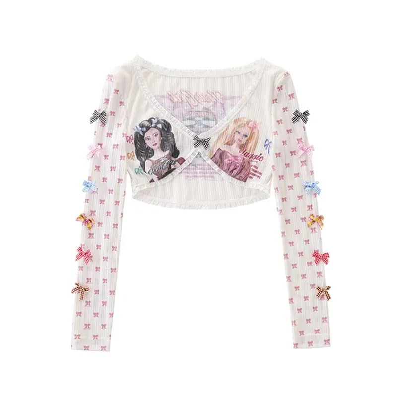Womens Kawaii Y2K Aesthetic Long Sleeve Crop Top