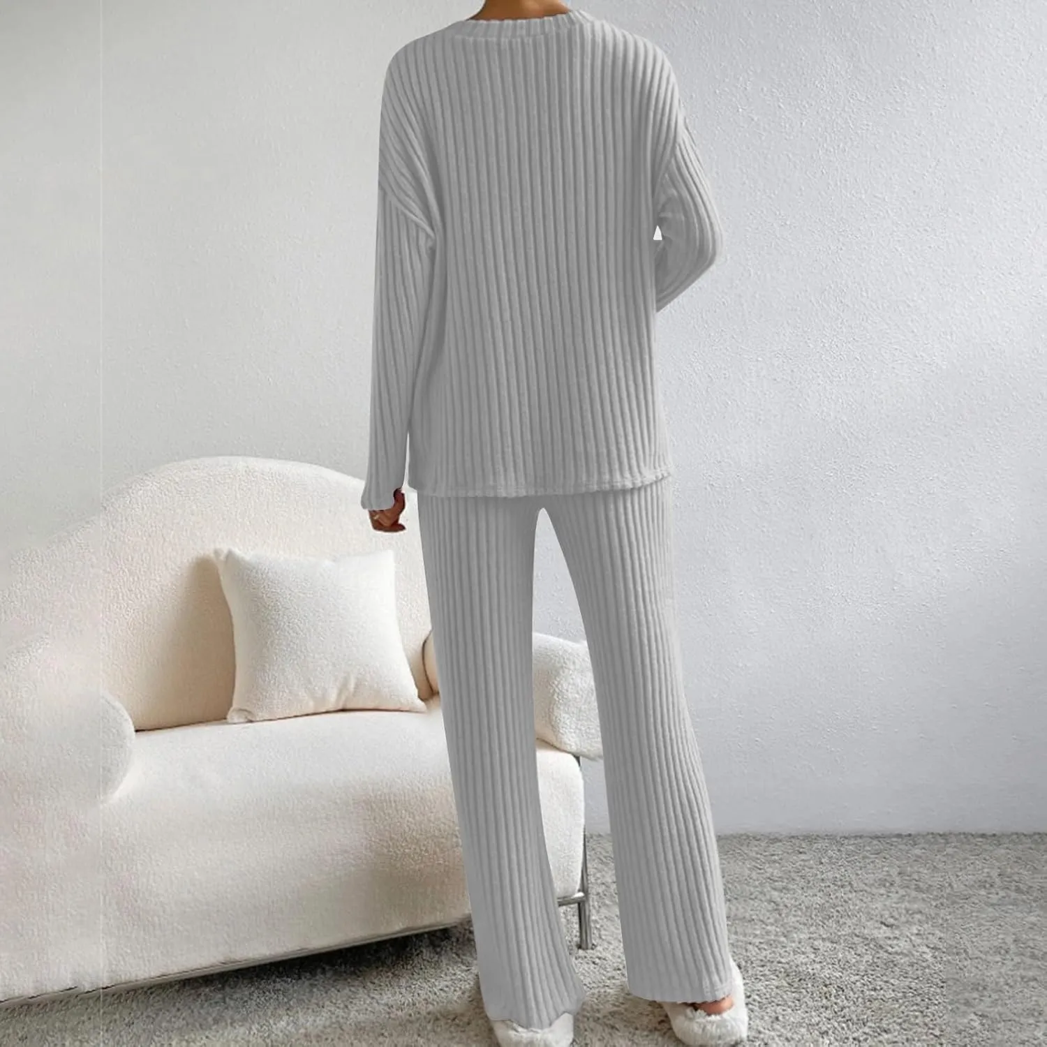 Women's Knitted Loungewear Sets Soft V Neck Long Sleeve Pullover Sweater and Casual Wide Leg Pants 2 Piece Outfits