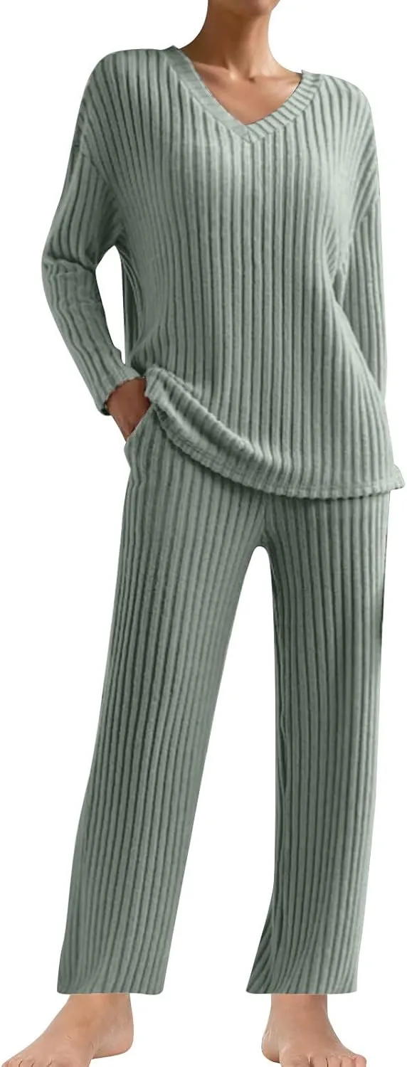 Women's Knitted Loungewear Sets Soft V Neck Long Sleeve Pullover Sweater and Casual Wide Leg Pants 2 Piece Outfits