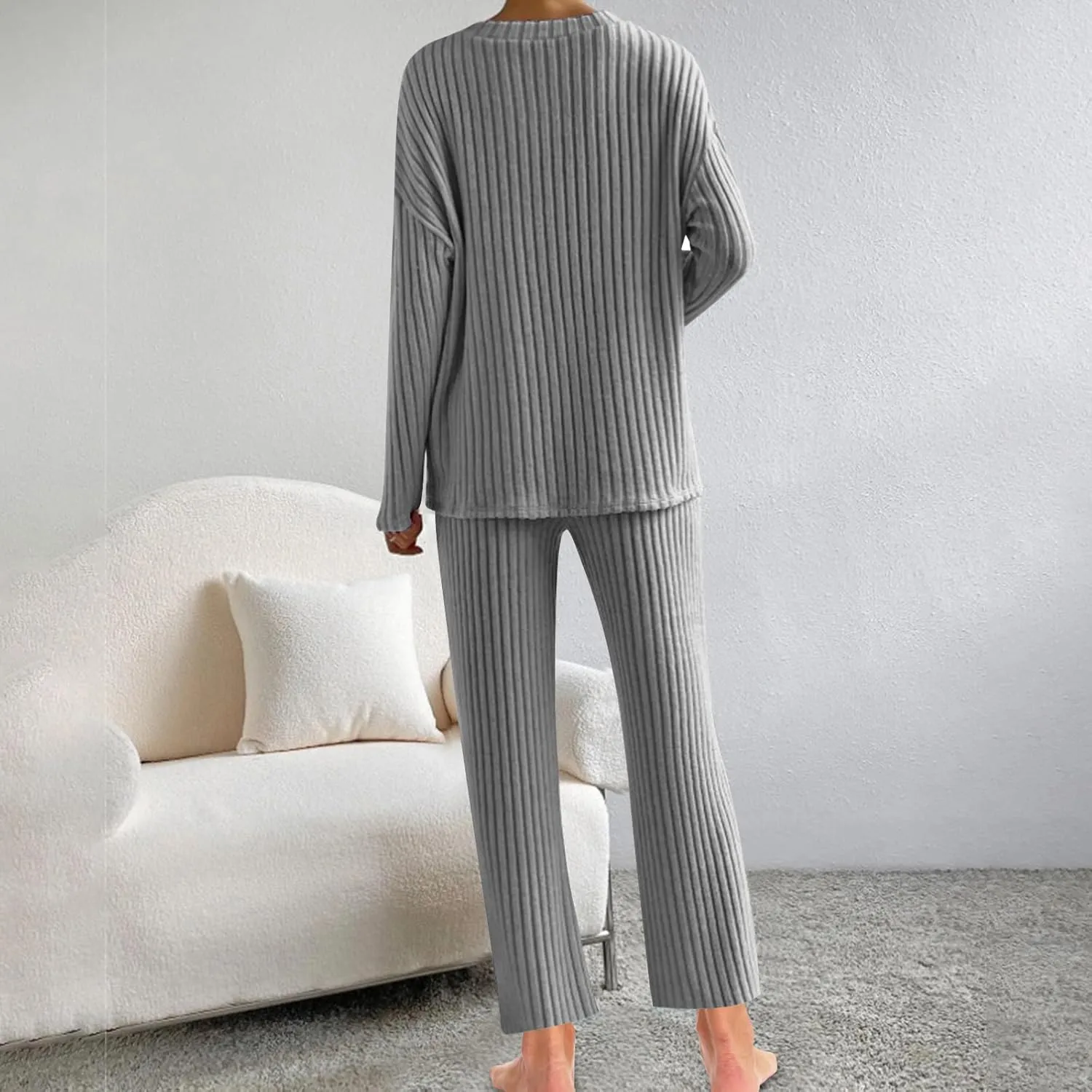 Women's Knitted Loungewear Sets Soft V Neck Long Sleeve Pullover Sweater and Casual Wide Leg Pants 2 Piece Outfits