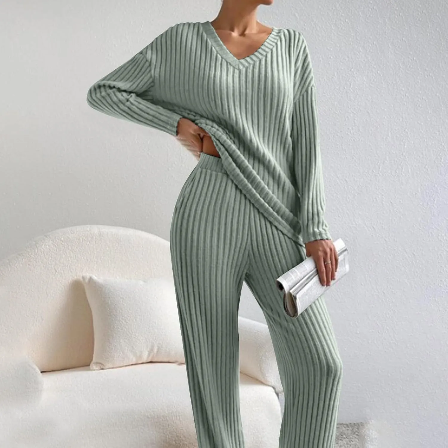 Women's Knitted Loungewear Sets Soft V Neck Long Sleeve Pullover Sweater and Casual Wide Leg Pants 2 Piece Outfits