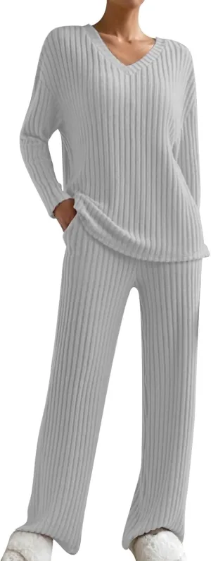 Women's Knitted Loungewear Sets Soft V Neck Long Sleeve Pullover Sweater and Casual Wide Leg Pants 2 Piece Outfits